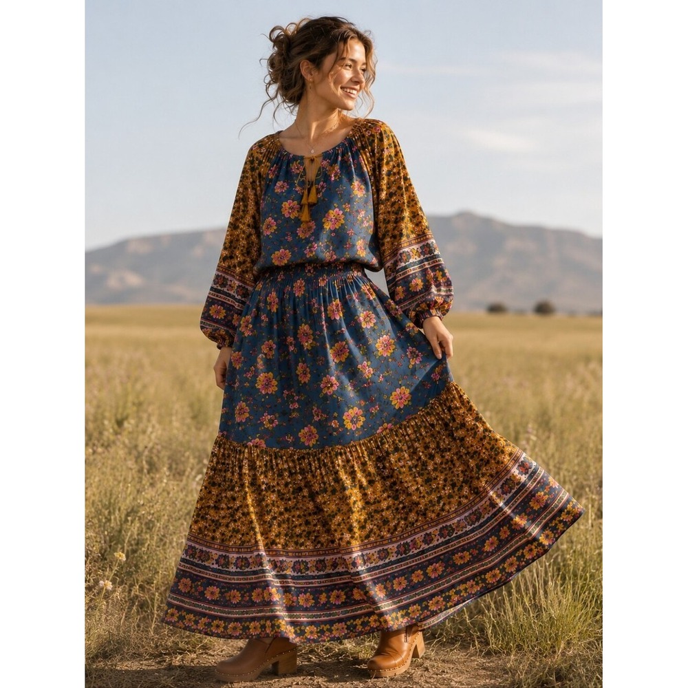 114 Natural Life Boho Mixed Floral Peasant (Top M & Maxi Skirt L Set, NWT)